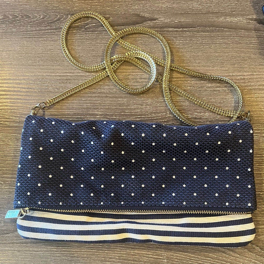 Anthropologie Navy Polka Dot and Striped Crossbody with Gold Chain